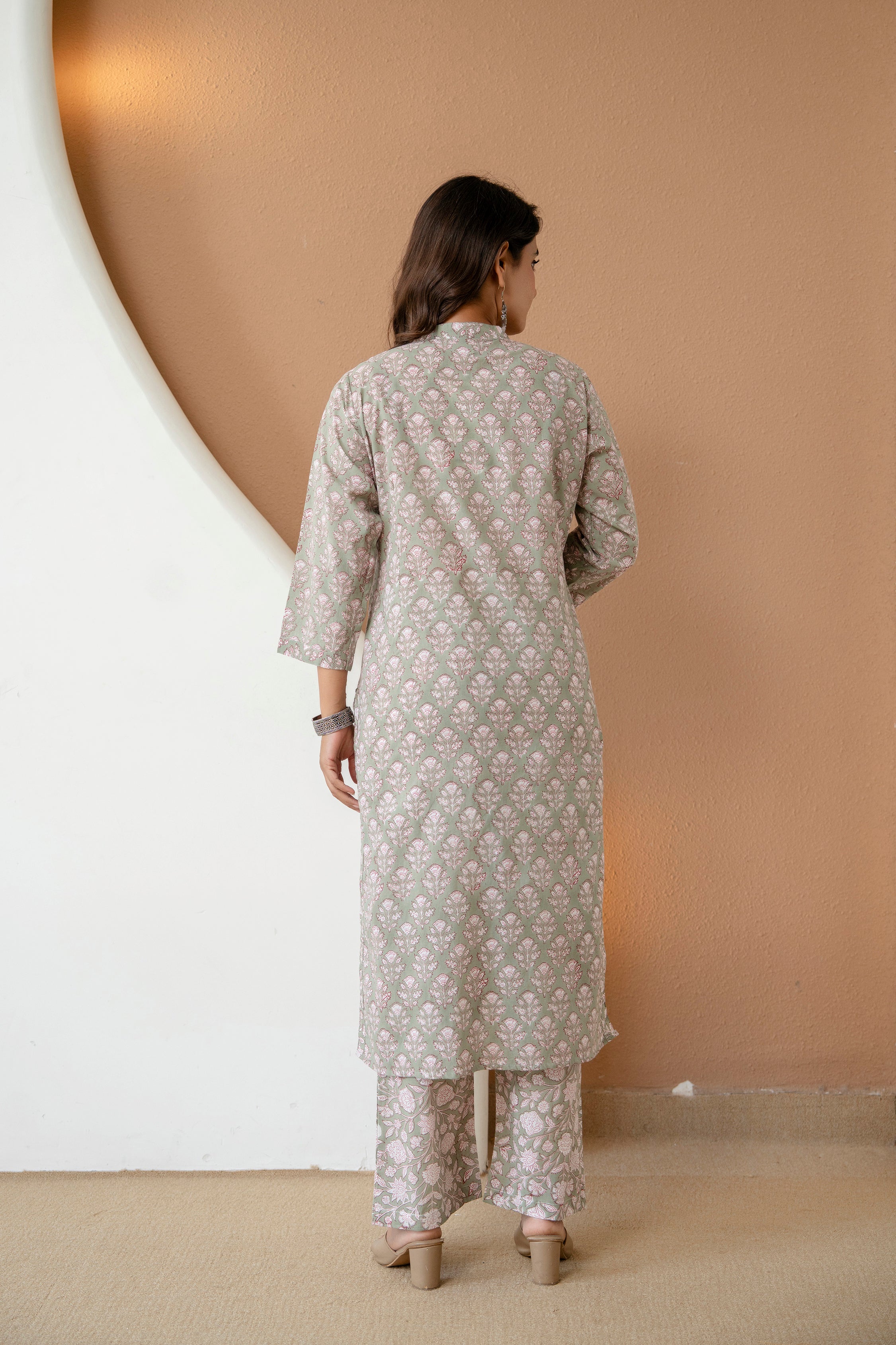 Earthy Sage Floral Block Printed Pure Cotton Kurta Set