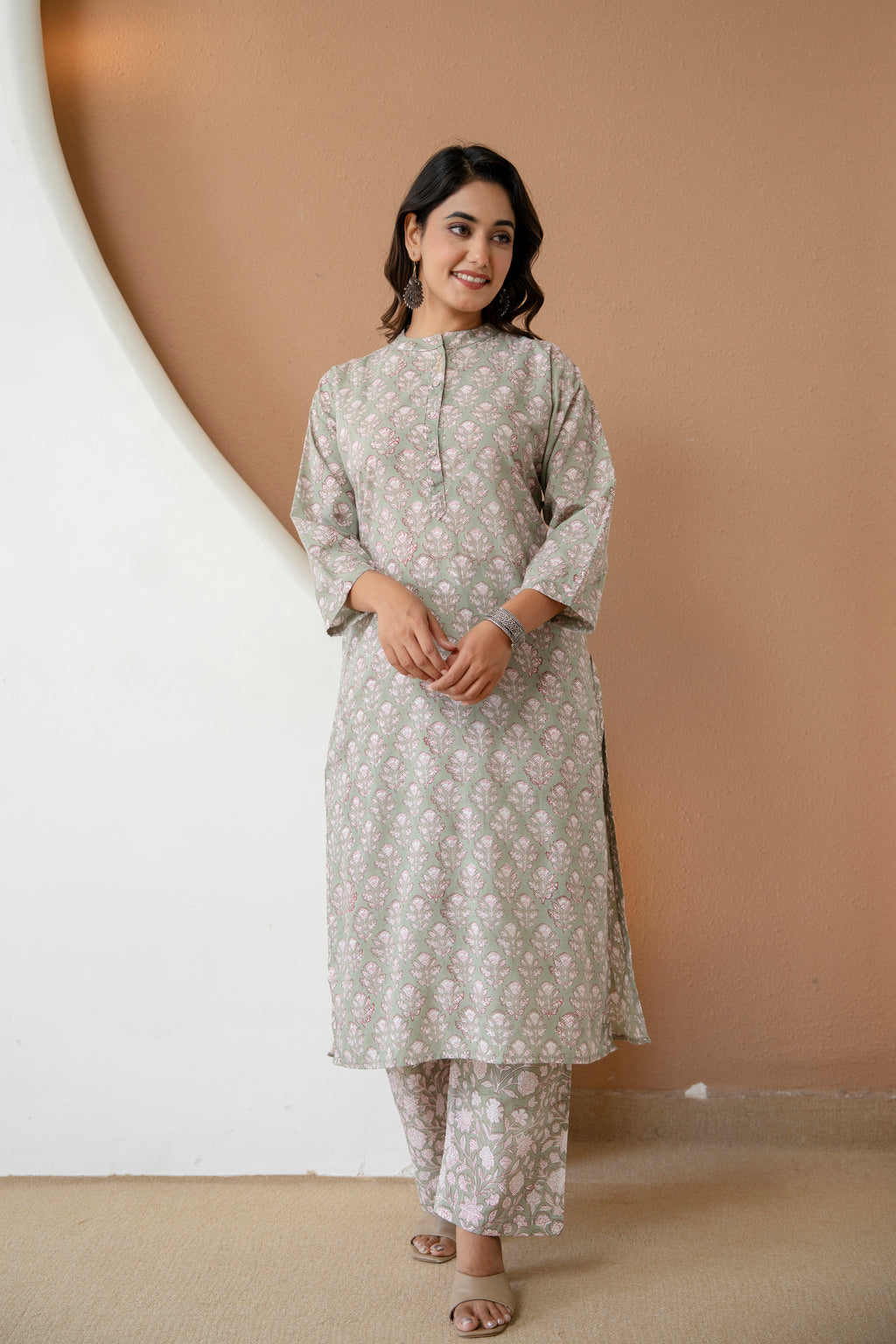 Earthy Sage Floral Block Printed Pure Cotton Kurta Set