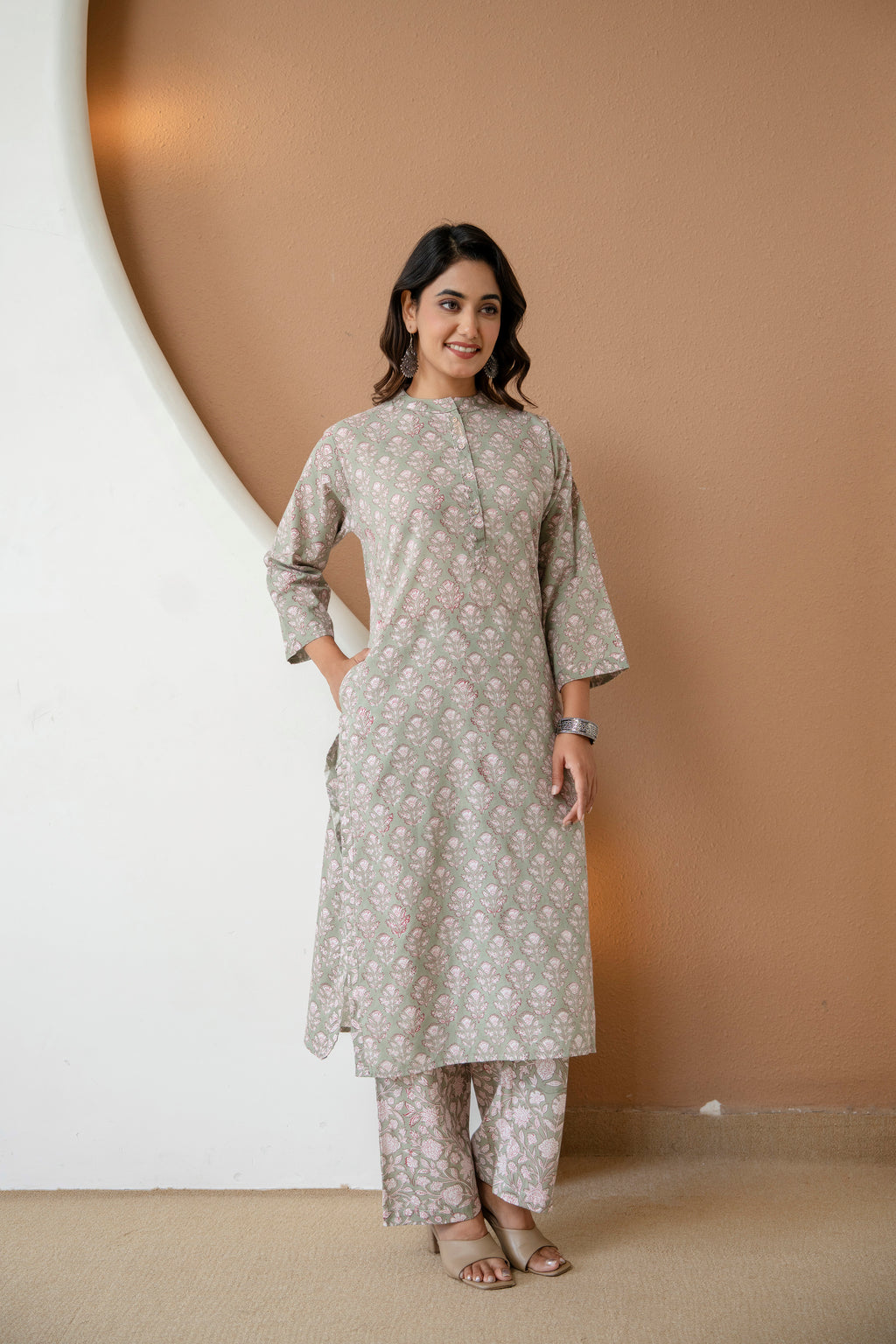 Earthy Sage Floral Block Printed Pure Cotton Kurta Set