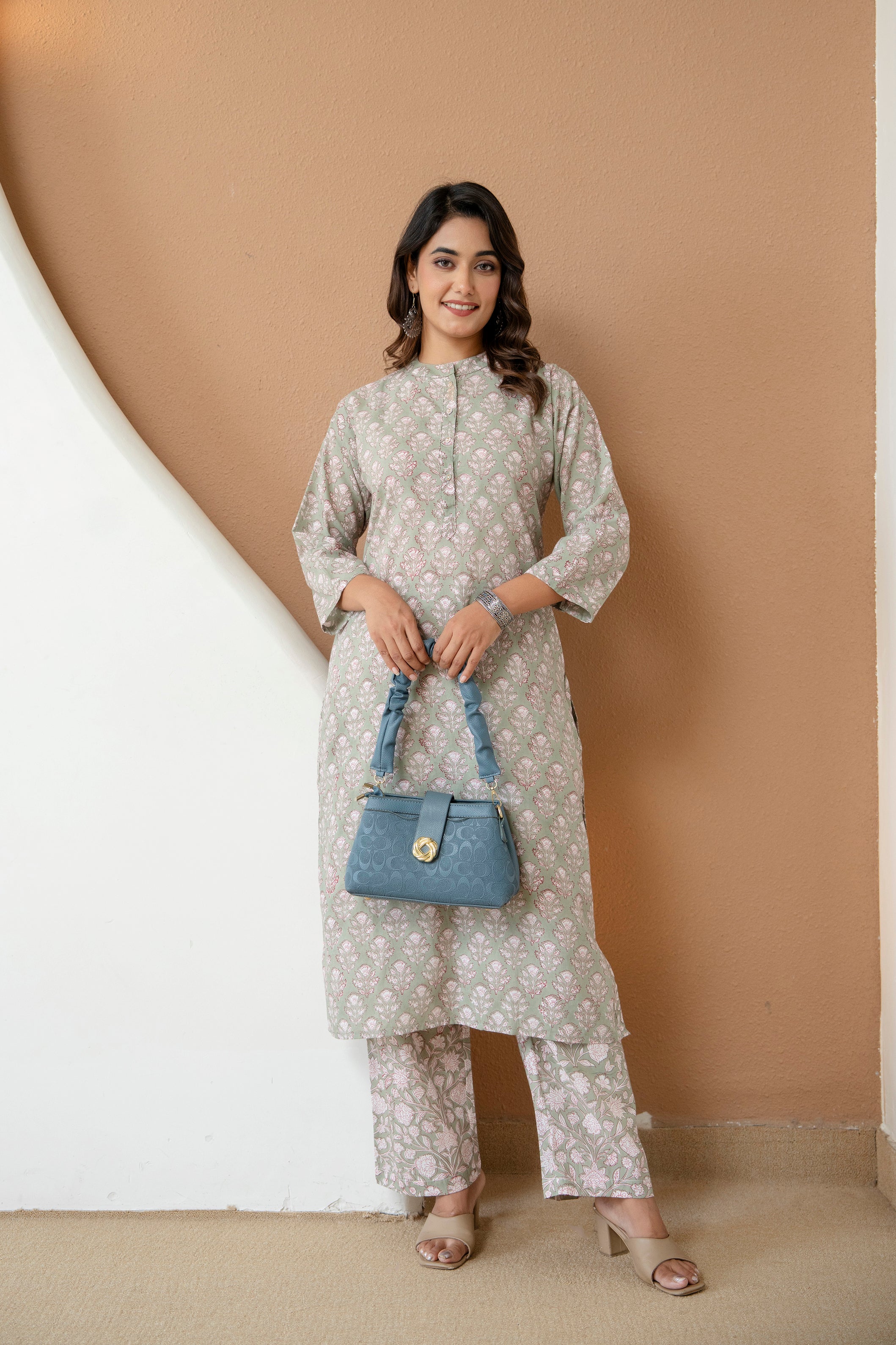 Earthy Sage Floral Block Printed Pure Cotton Kurta Set