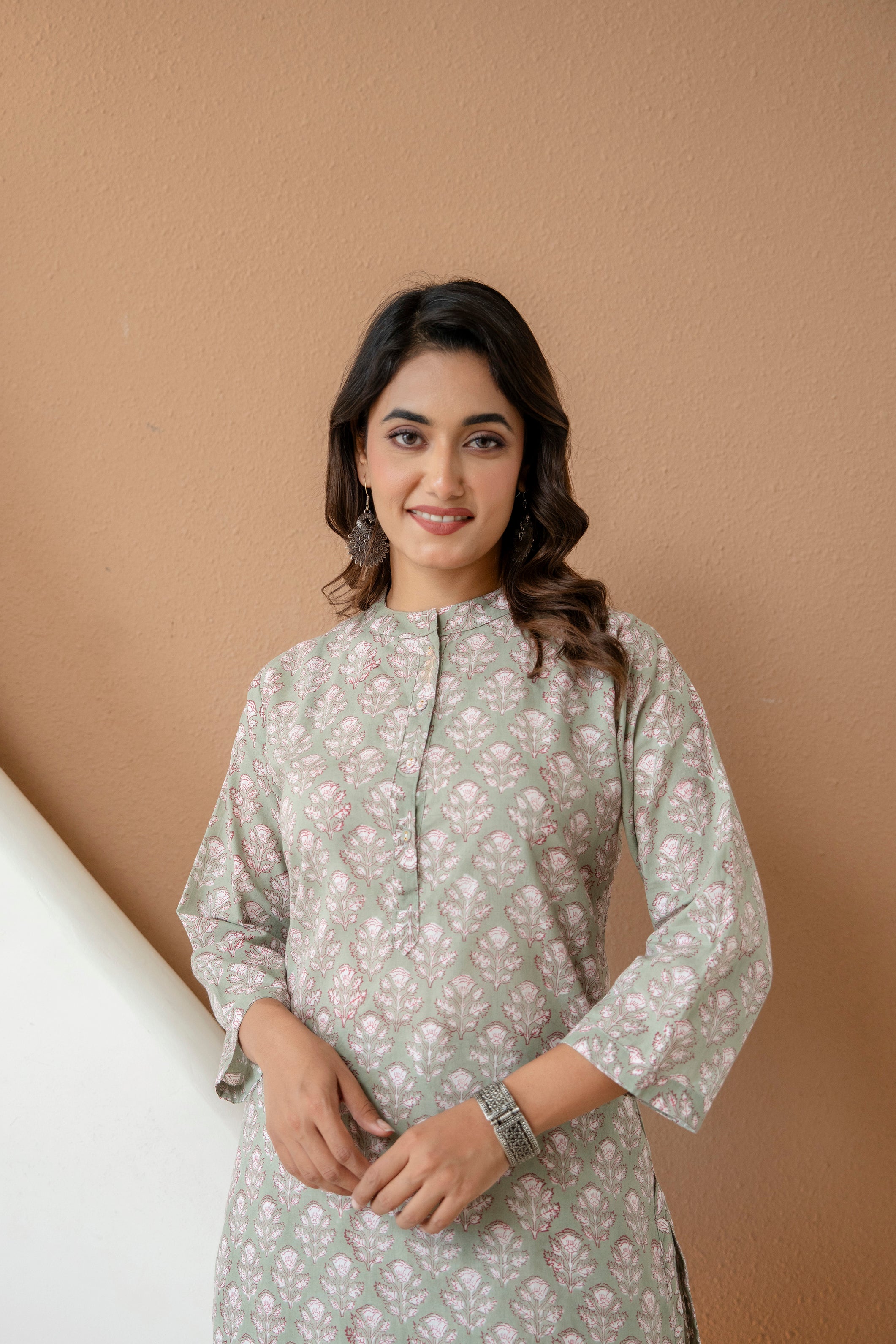 Earthy Sage Floral Block Printed Pure Cotton Kurta Set