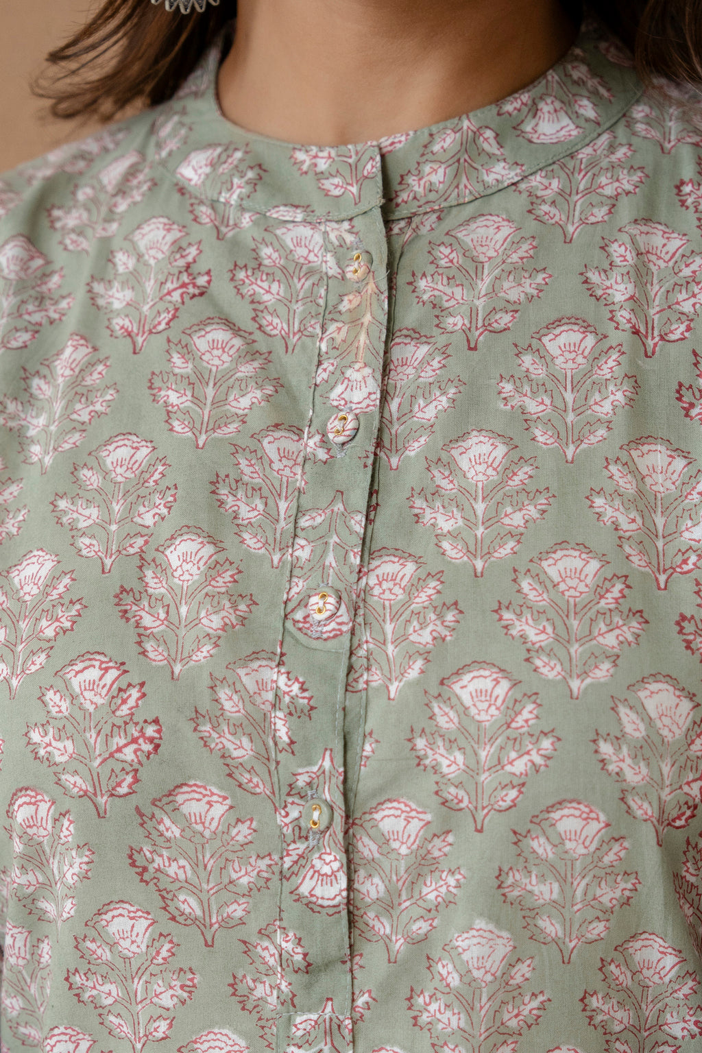 Earthy Sage Floral Block Printed Pure Cotton Kurta Set