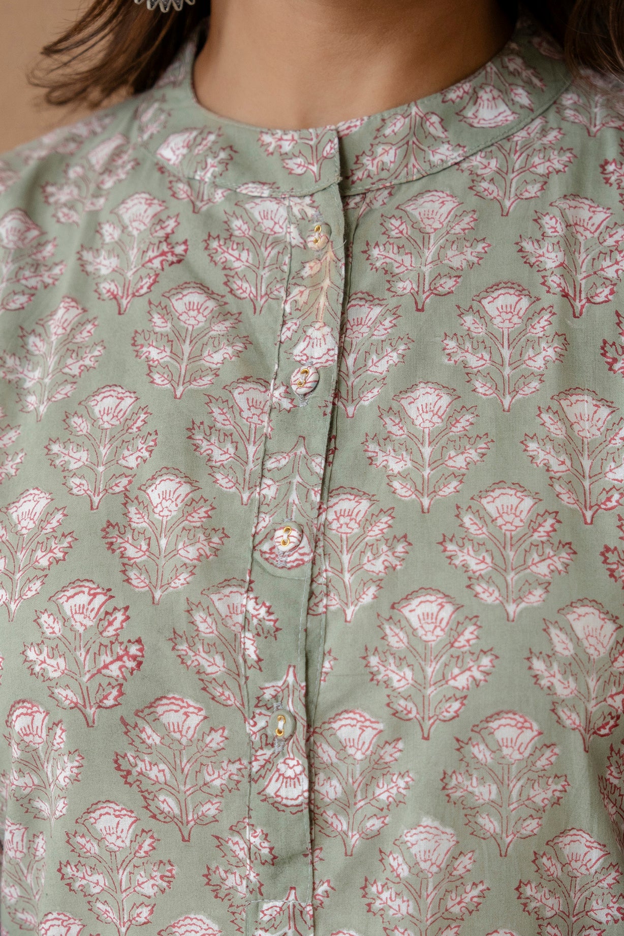 Earthy Sage Floral Block Printed Pure Cotton Kurta Set