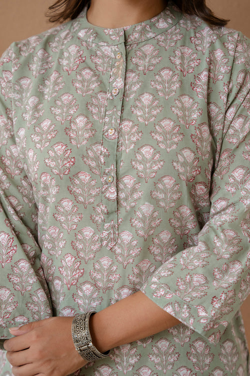 Earthy Sage Floral Hand-Block Printed Cotton Kurta & Palazzo Set — Set of 2