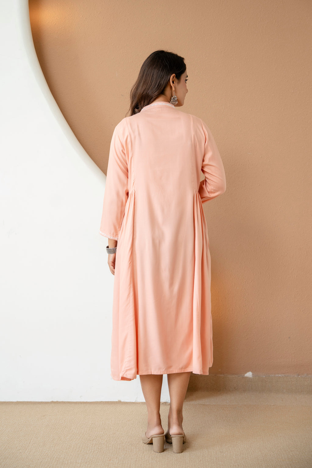 Embroidered Mandarin Collar A-Line Midi Dress