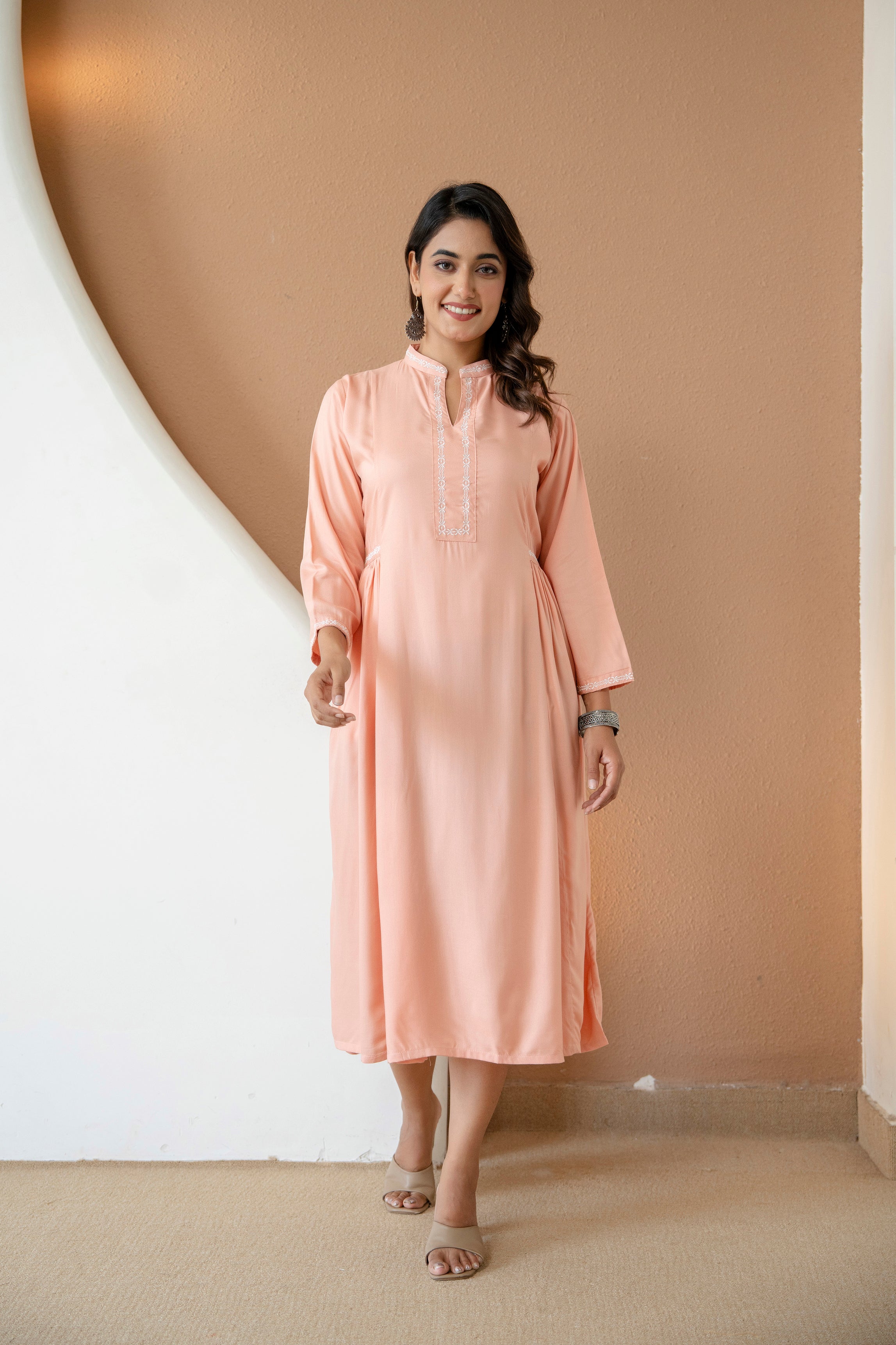 Embroidered Mandarin Collar A-Line Midi Dress