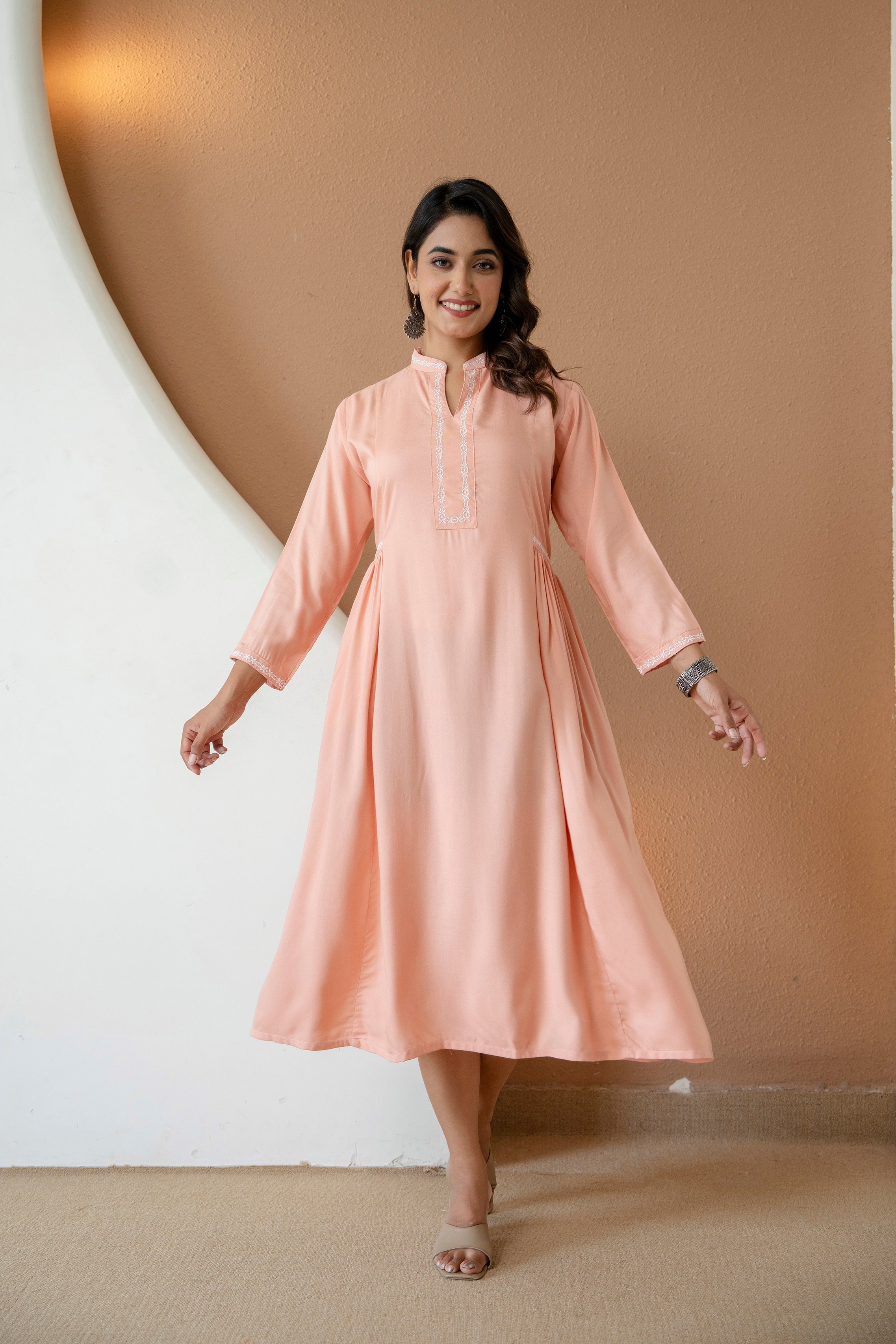 Embroidered Mandarin Collar A-Line Midi Dress