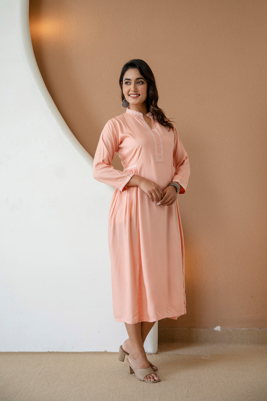 Embroidered Mandarin Collar A-Line Midi Dress