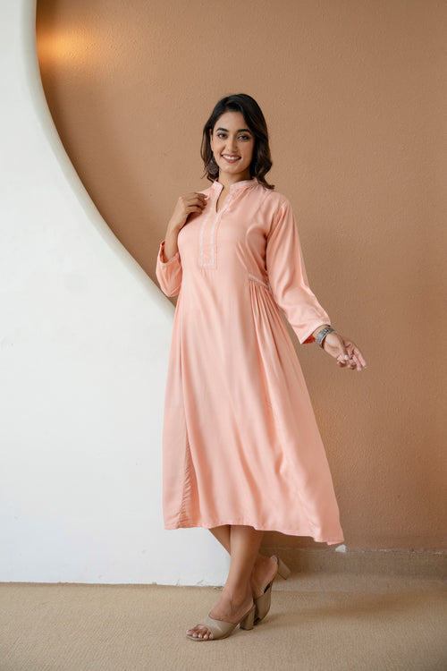 Embroidered Mandarin Collar A-Line Midi Dress — Design 2