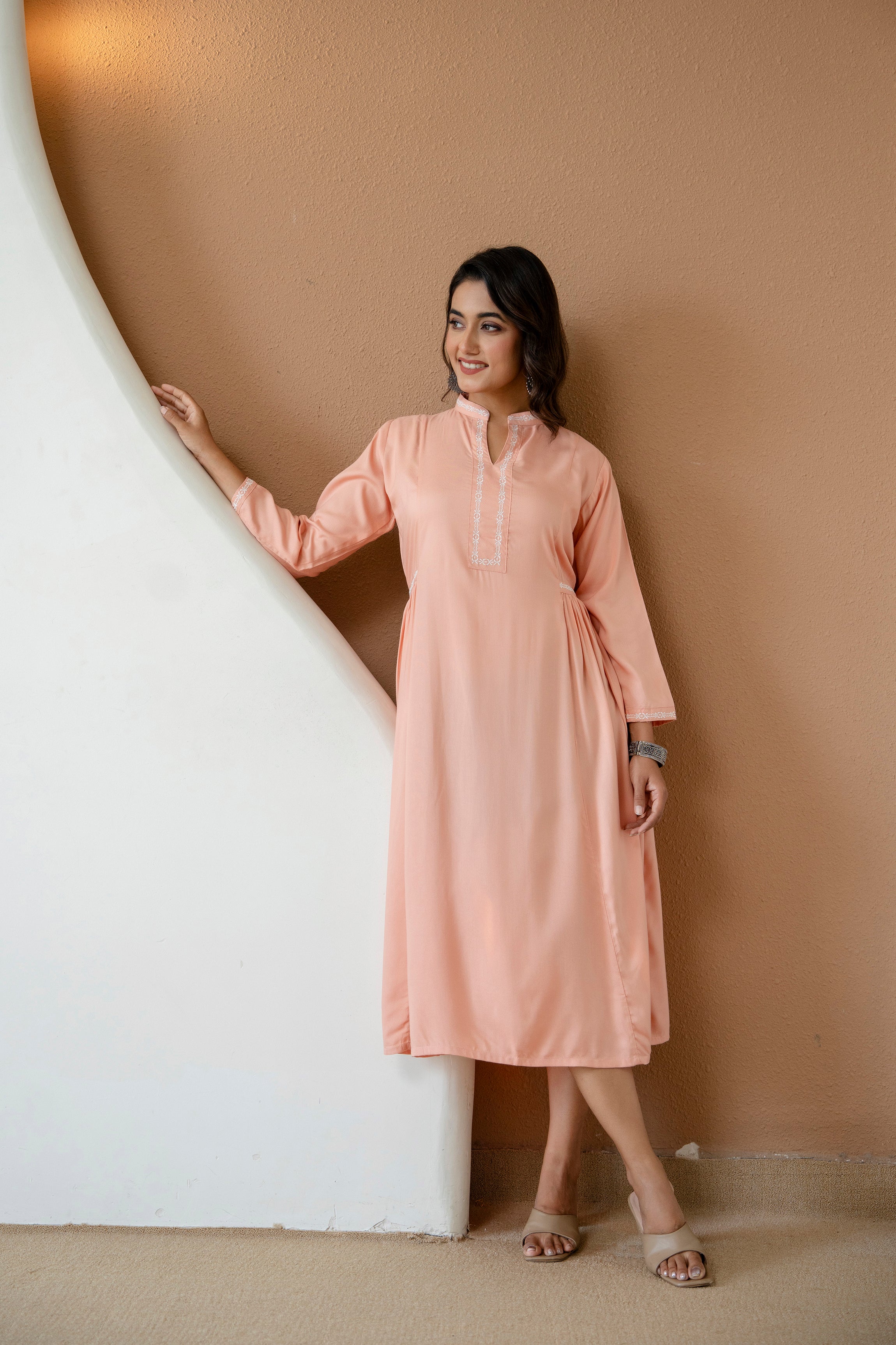 Embroidered Mandarin Collar A-Line Midi Dress