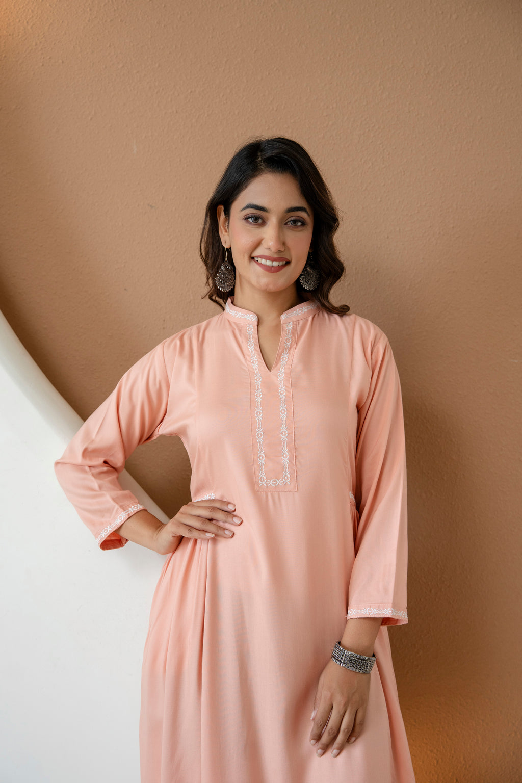 Embroidered Mandarin Collar A-Line Midi Dress