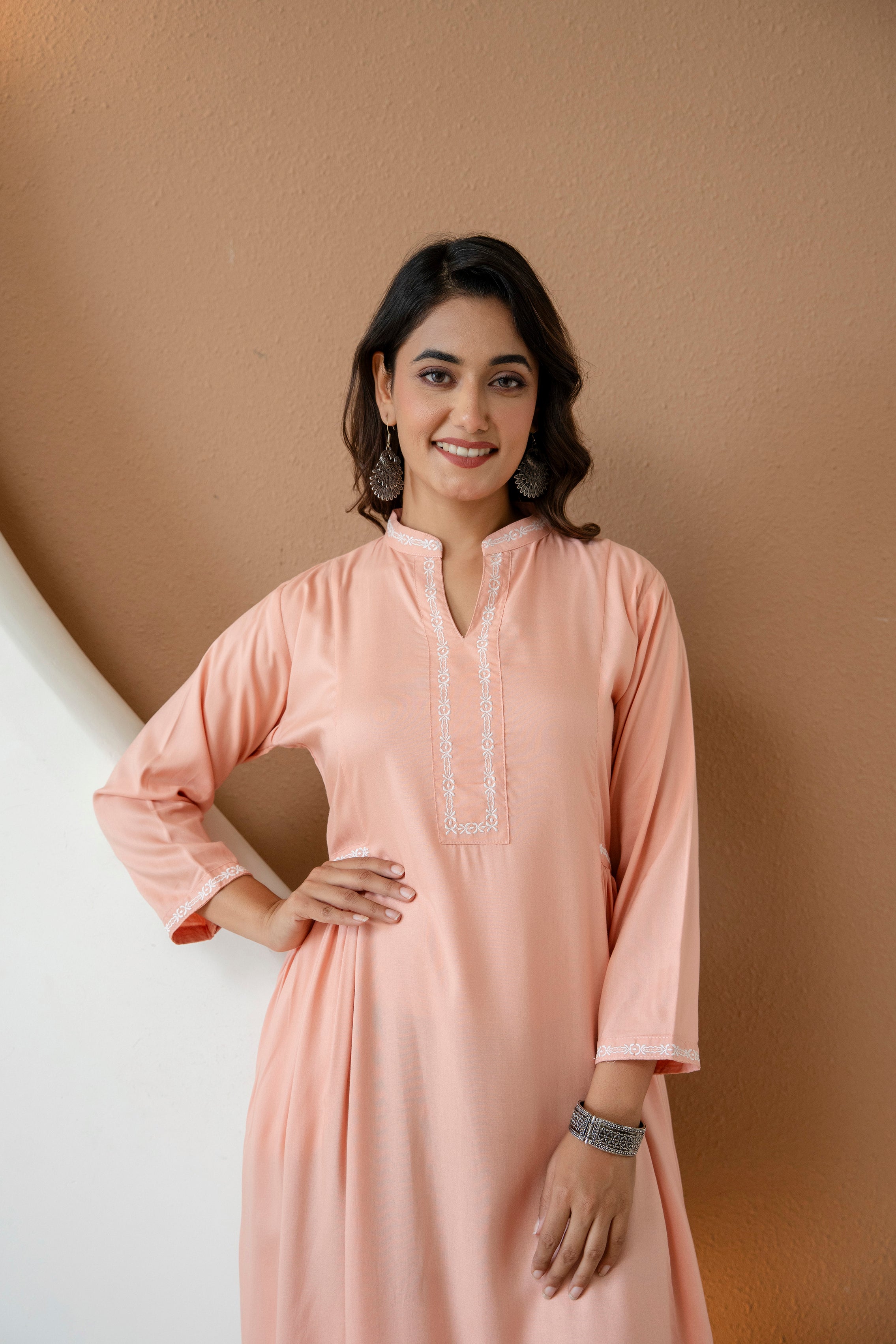 Embroidered Mandarin Collar A-Line Midi Dress