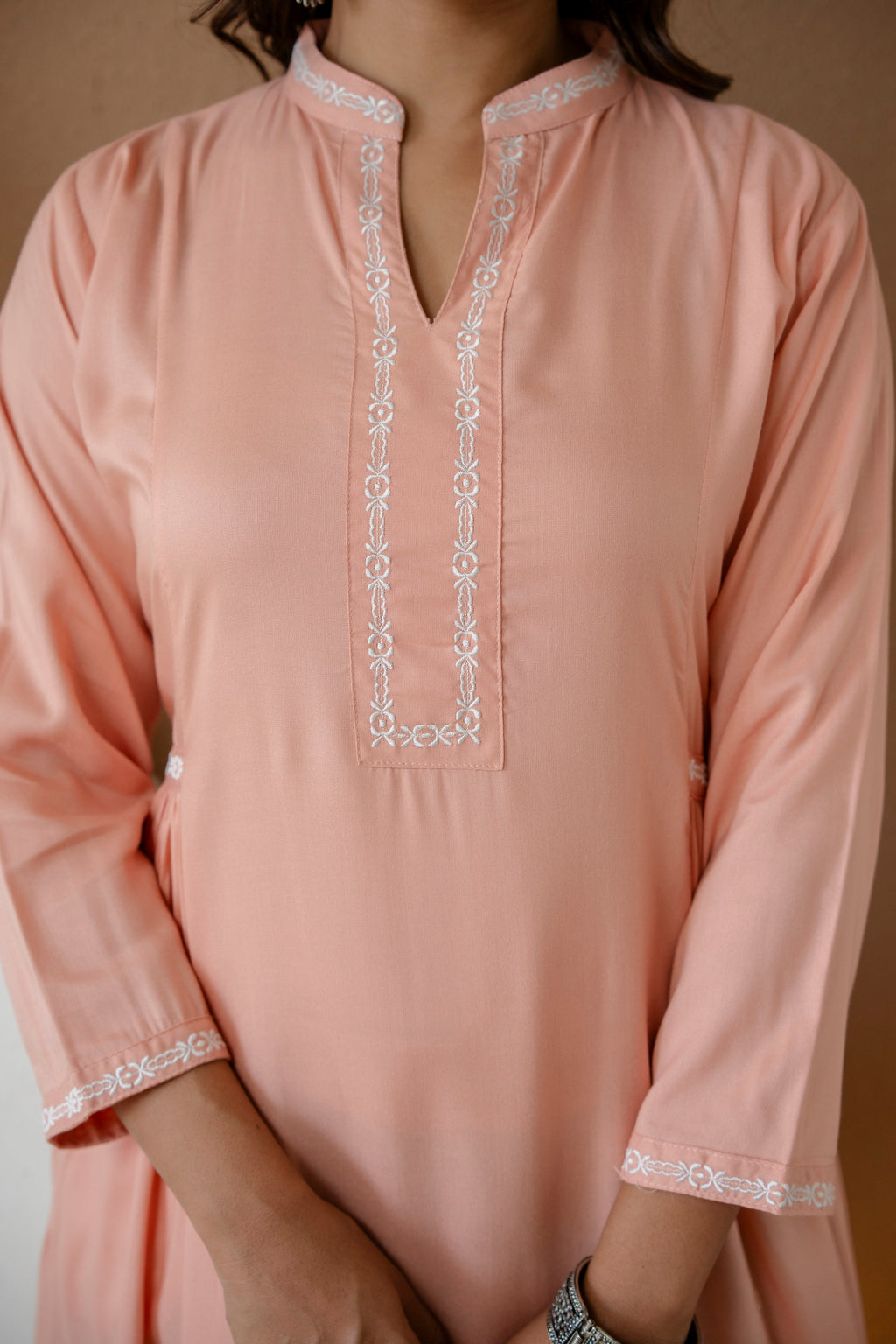 Embroidered Mandarin Collar A-Line Midi Dress