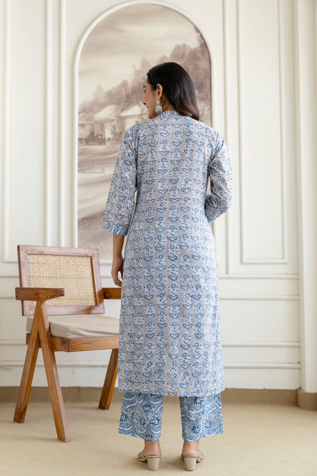 Cool Grey Floral Hand-Block Printed Pure Cotton Kurta Set