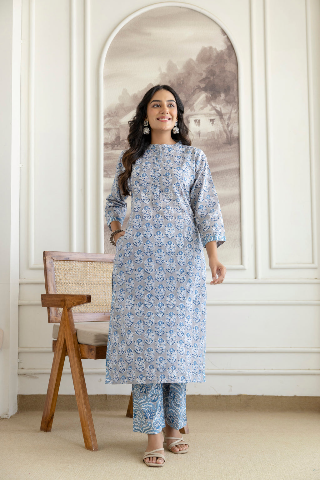 Cool Grey Floral Hand-Block Printed Pure Cotton Kurta Set