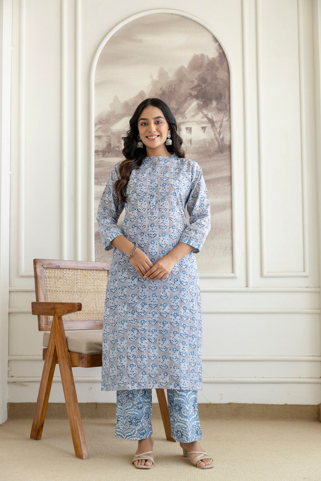 Cool Grey Floral Hand-Block Printed Pure Cotton Kurta Set