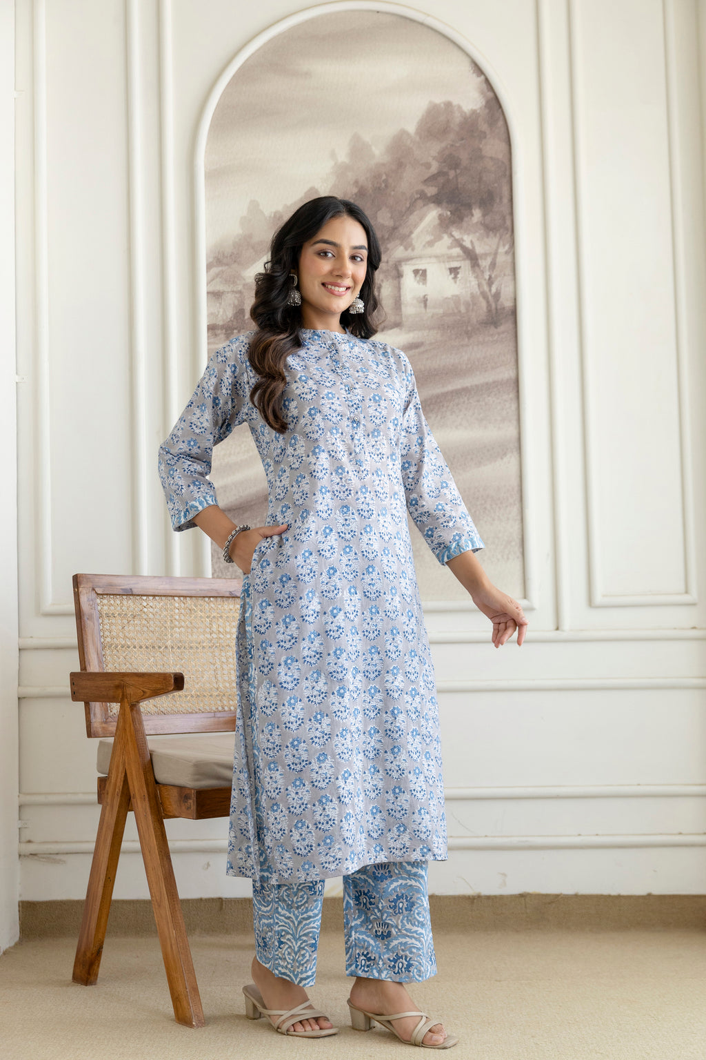 Cool Grey Floral Hand-Block Printed Pure Cotton Kurta Set