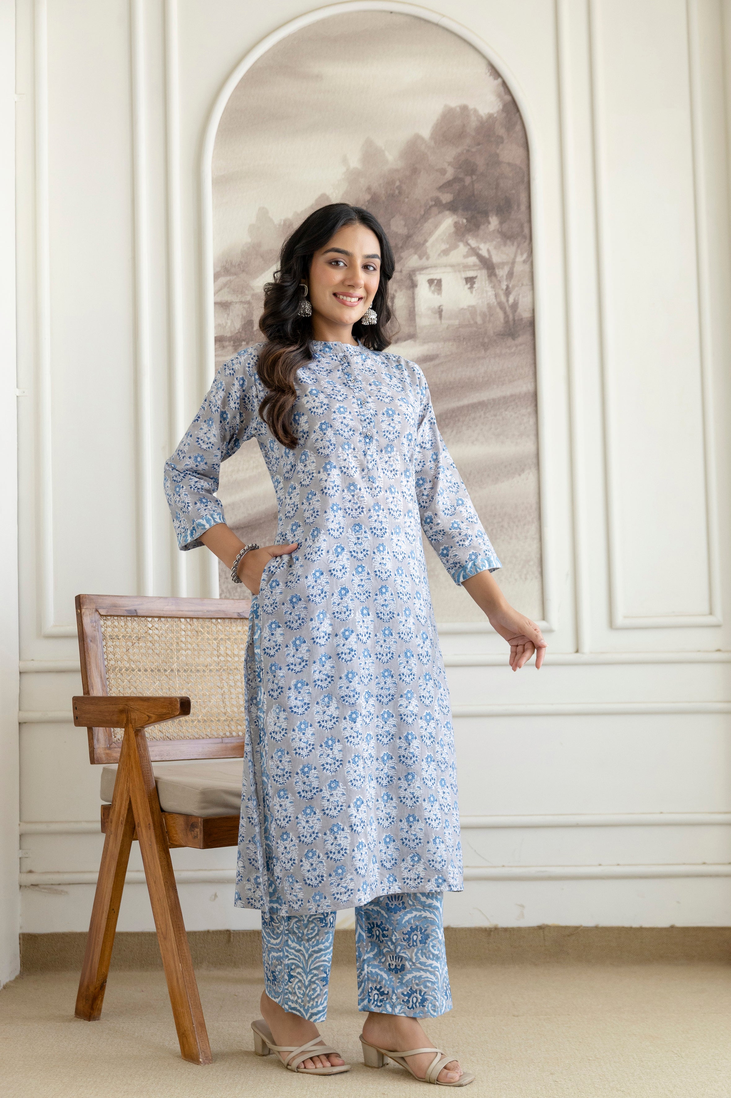Cool Grey Floral Hand-Block Printed Pure Cotton Kurta Set