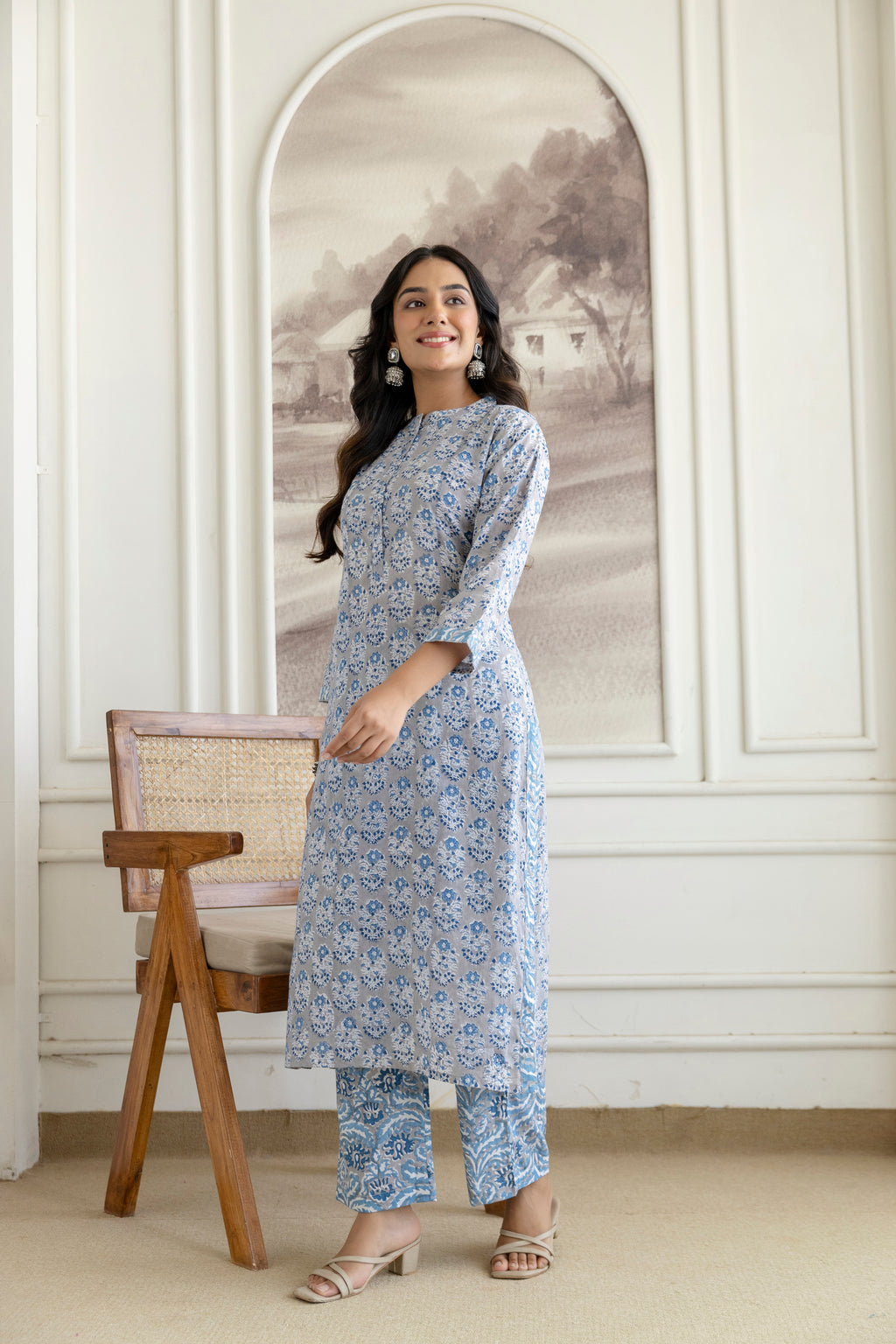 Cool Grey Floral Hand-Block Printed Pure Cotton Kurta Set