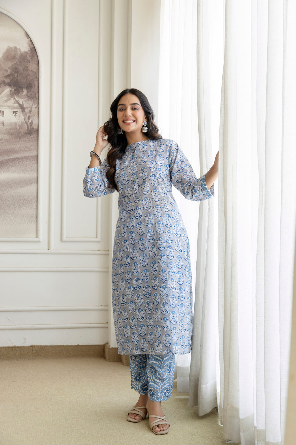 Cool Grey Floral Hand-Block Printed Pure Cotton Kurta Set