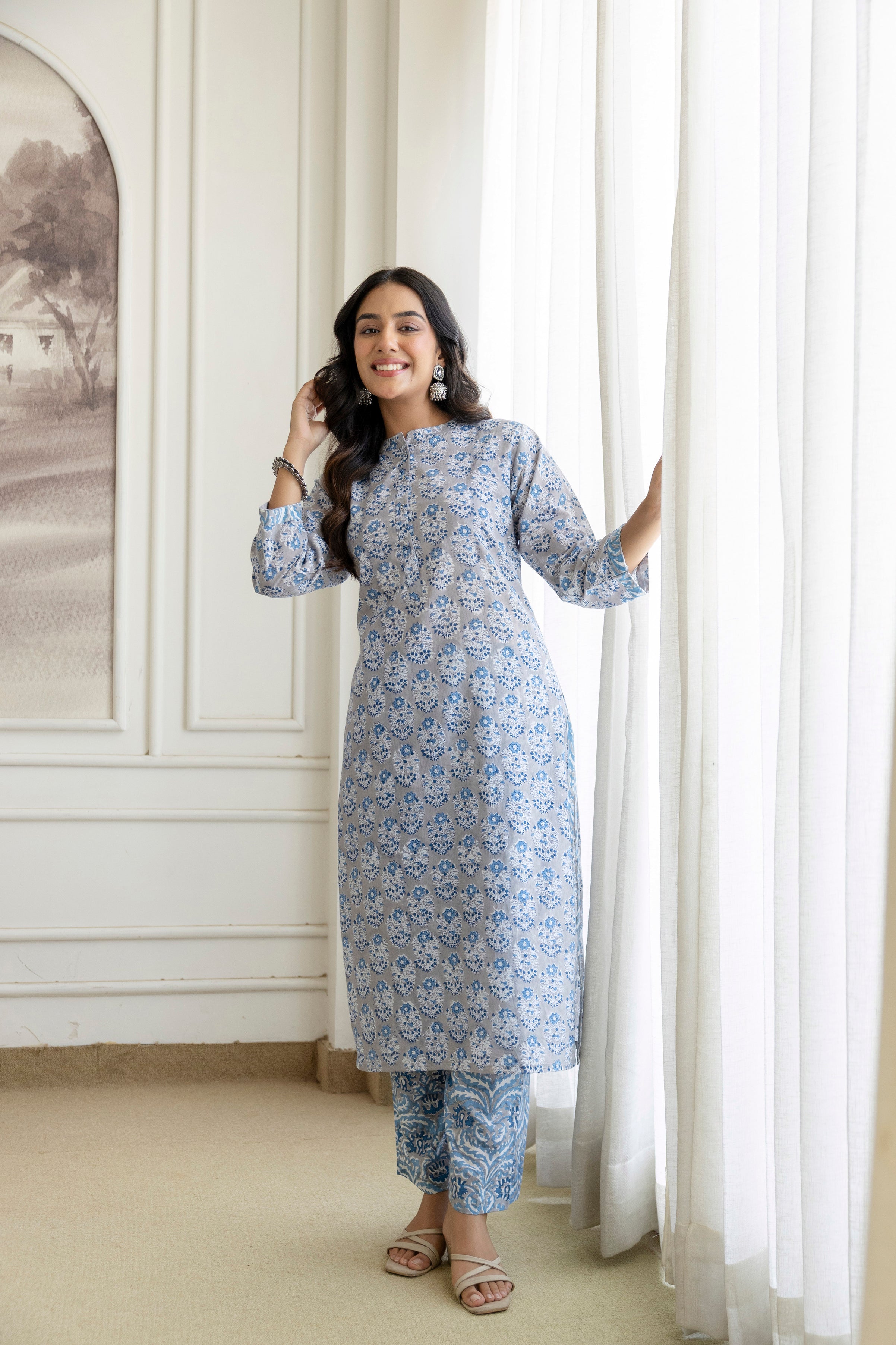 Cool Grey Floral Hand-Block Printed Pure Cotton Kurta Set