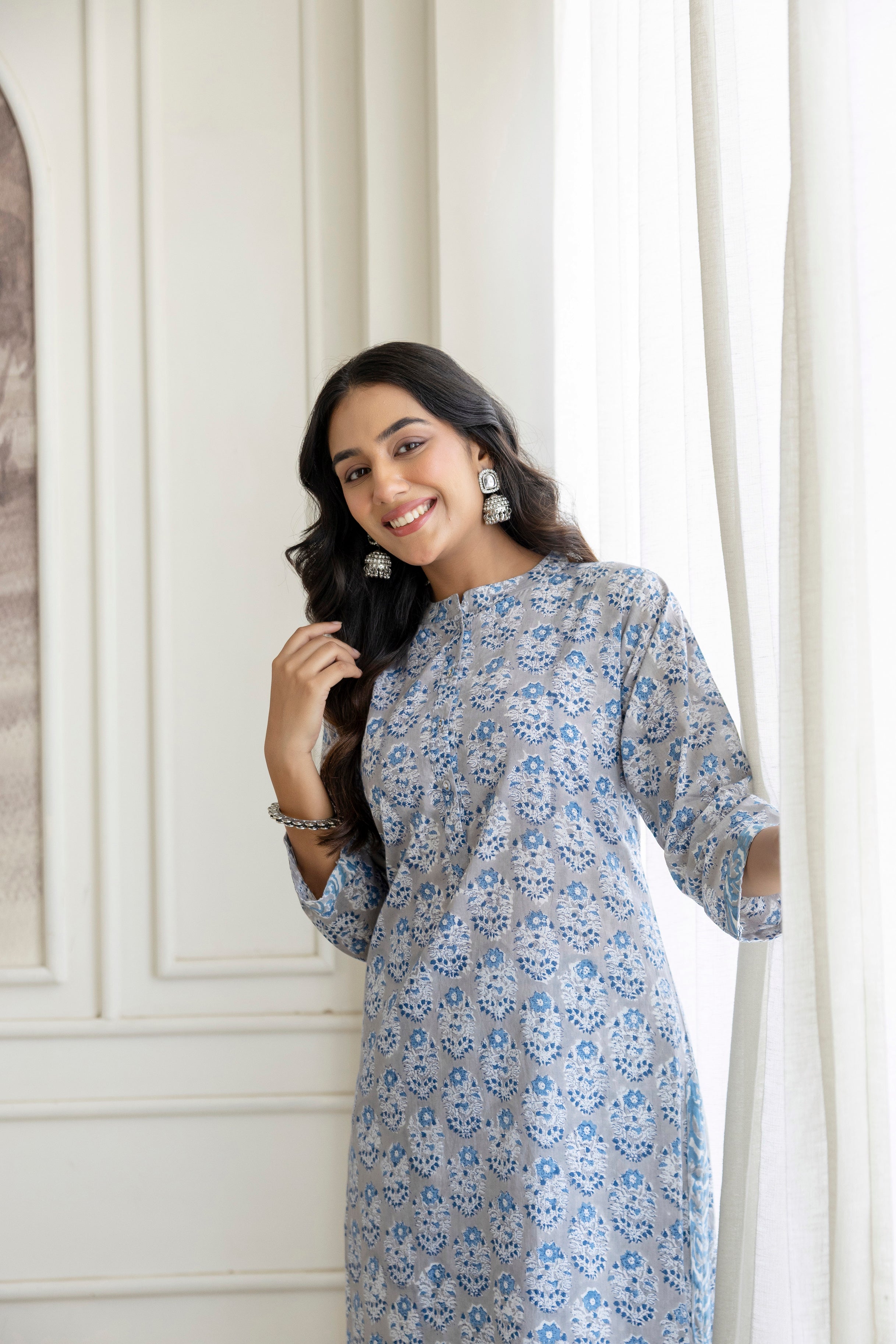 Cool Grey Floral Hand-Block Printed Pure Cotton Kurta Set