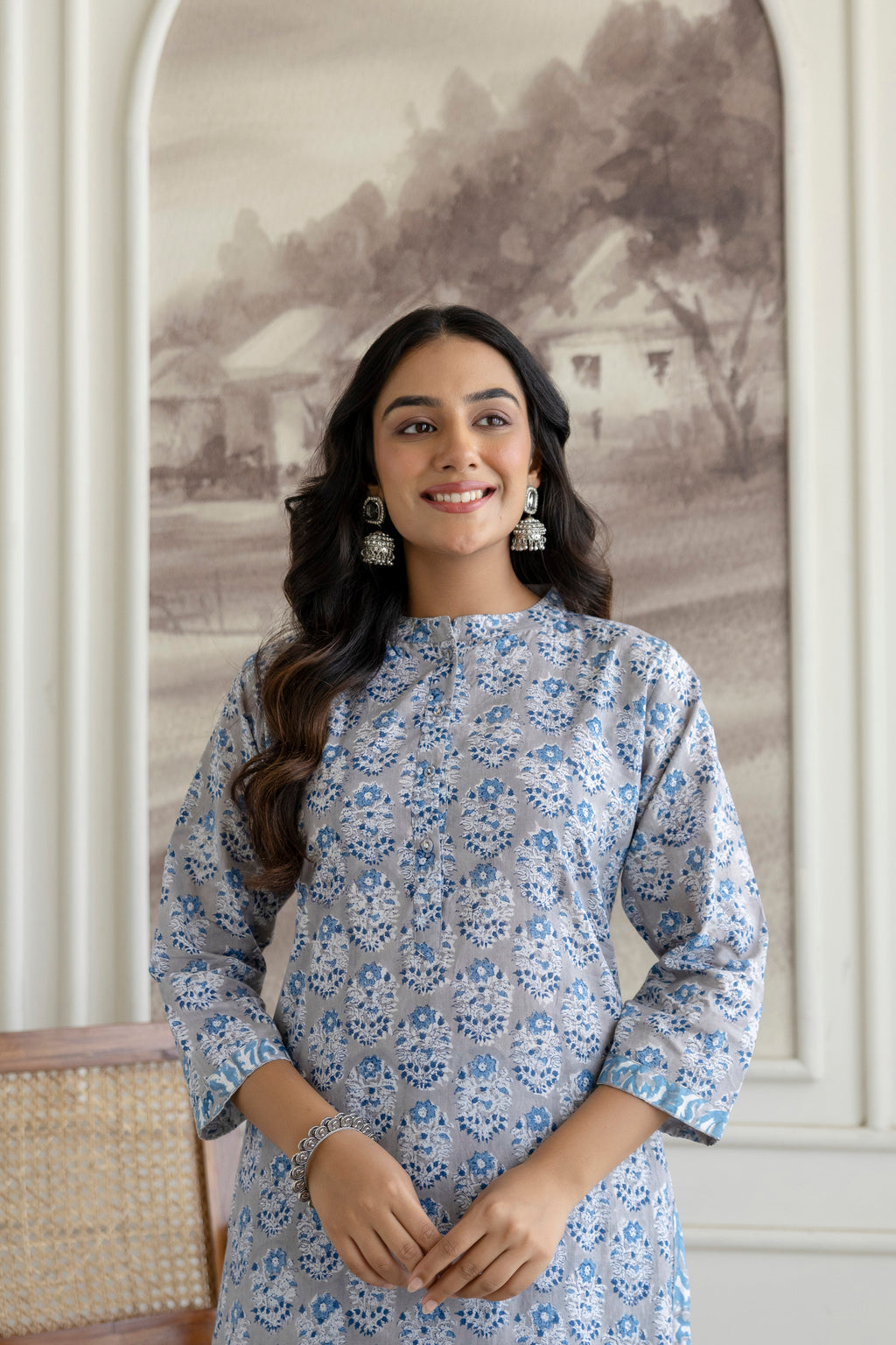 Cool Grey Floral Hand-Block Printed Pure Cotton Kurta Set