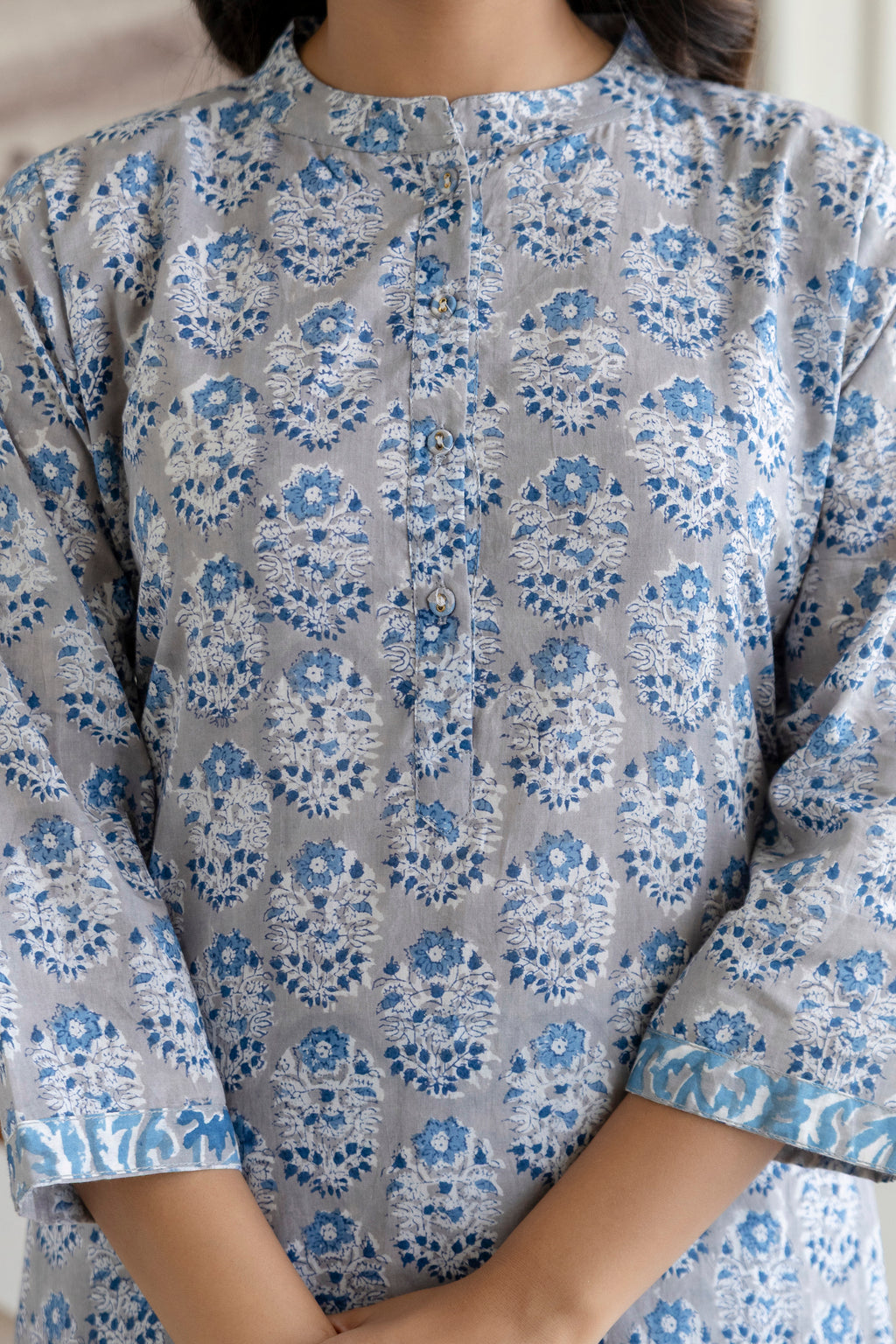 Cool Grey Floral Hand-Block Printed Pure Cotton Kurta Set