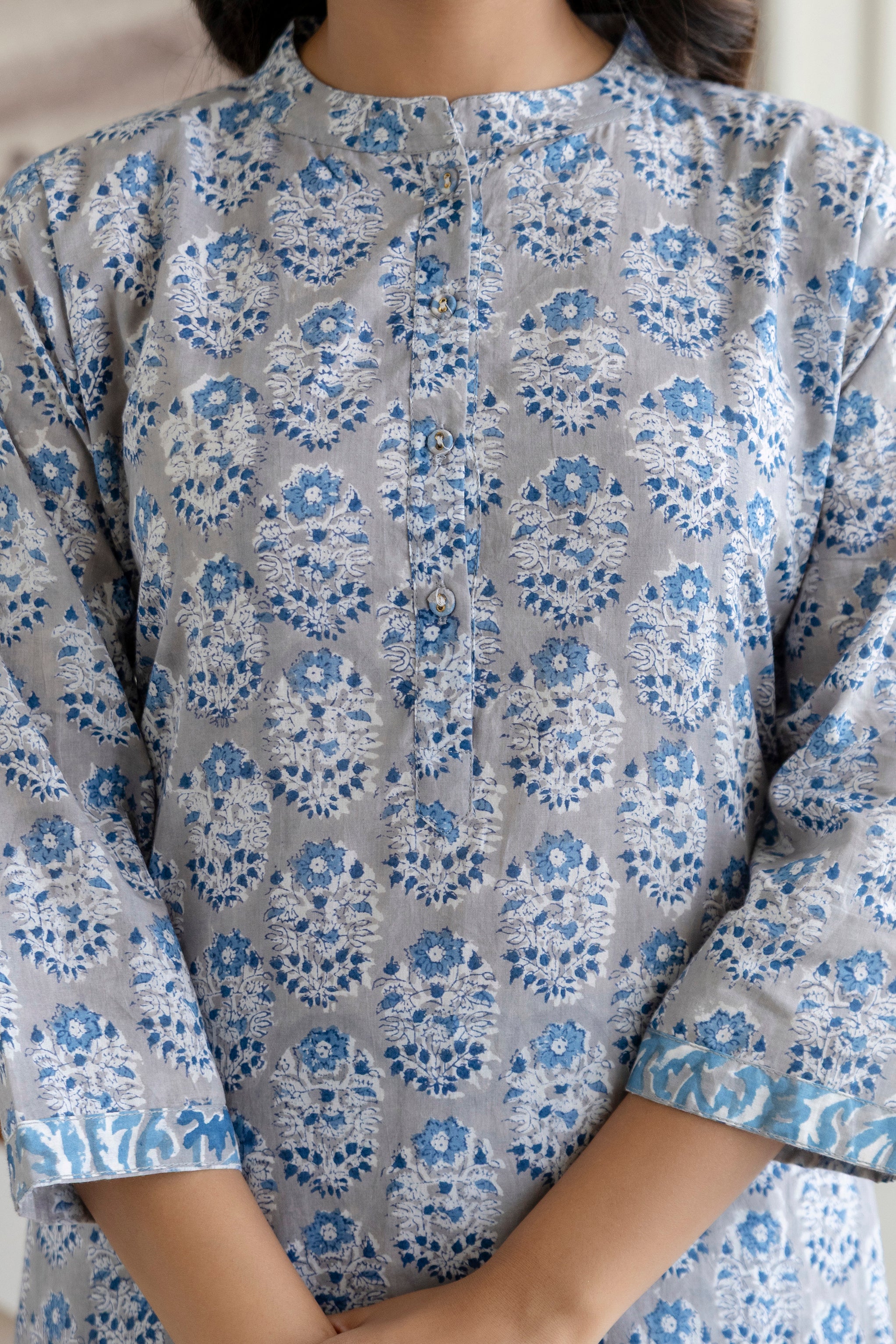 Cool Grey Floral Hand-Block Printed Pure Cotton Kurta Set